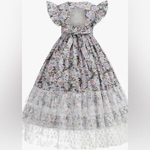 Kogwer Girls Boho Dress Floral Lace Maxi Dress Short Sleeve Round Neck Size 5T